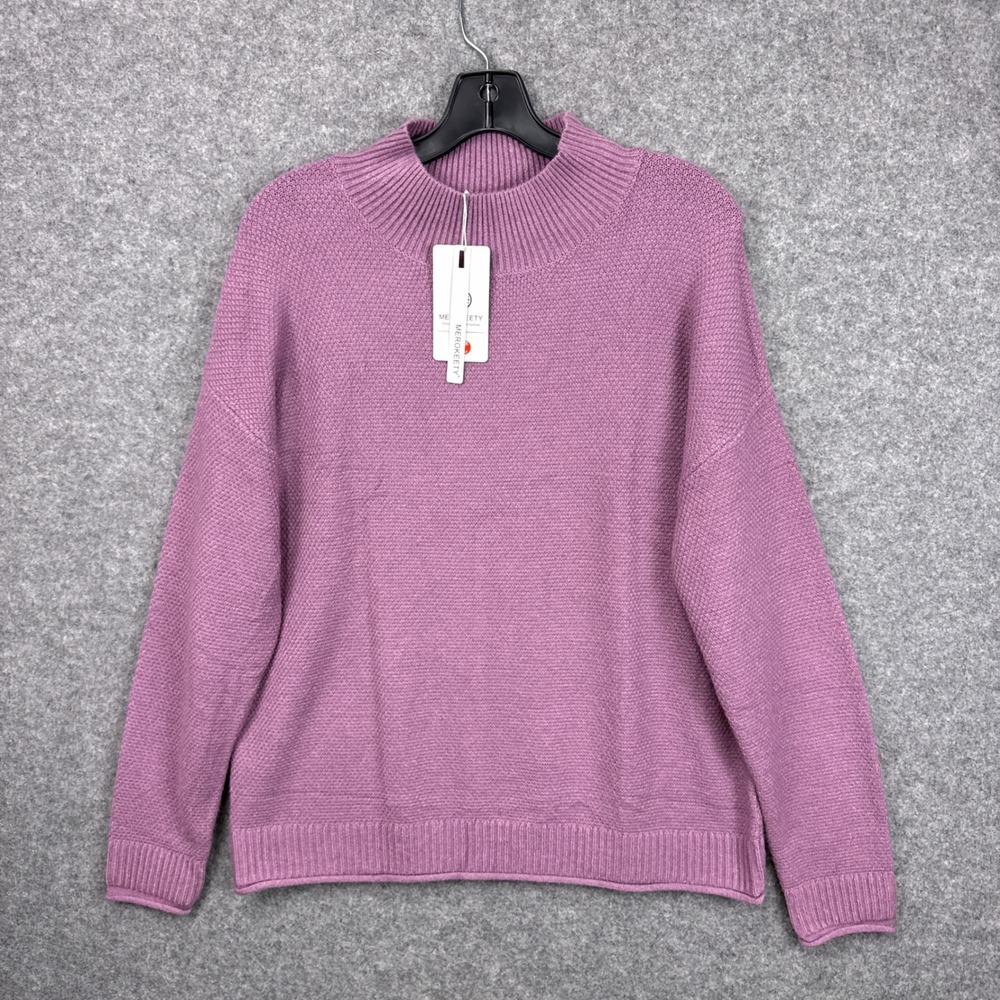 Merokeety Women Purple Mock Neck Textured Knit Pullover Sweater Size Large NWT